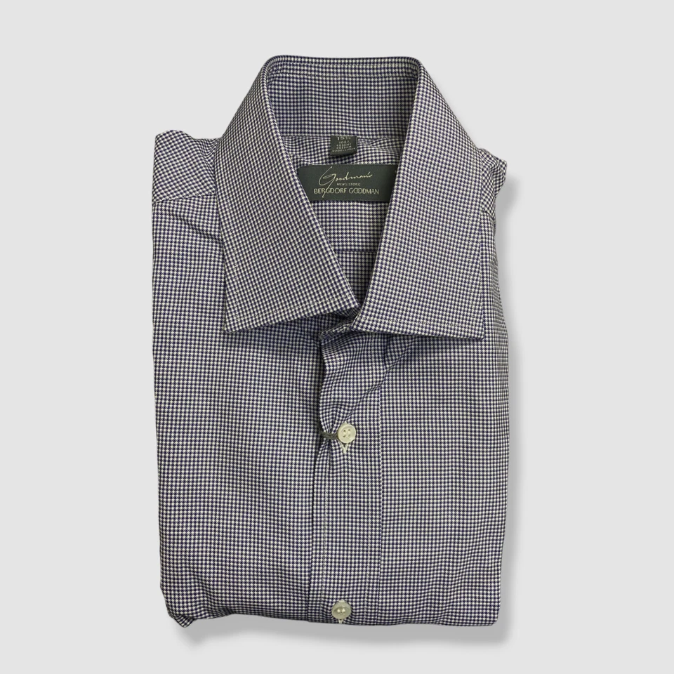 $395 Bergdorf Goodman 男式蓝色微型千鸟格正装衬衫尺寸 15.5 / 39 — 第 1/1 张图片