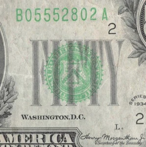 1934 New York Fifty Dollar Bill B05552802A L4 Back Plate 109 - Picture 1 of 11