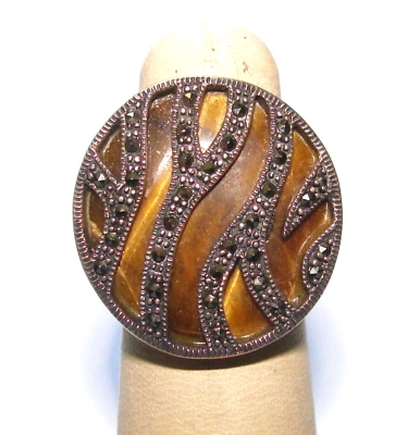 WS Vintage Sterling Silver Big 8.7g Round Tigers Eye & Marcasites Swirl Ring 5.5 - Image 1 of 4