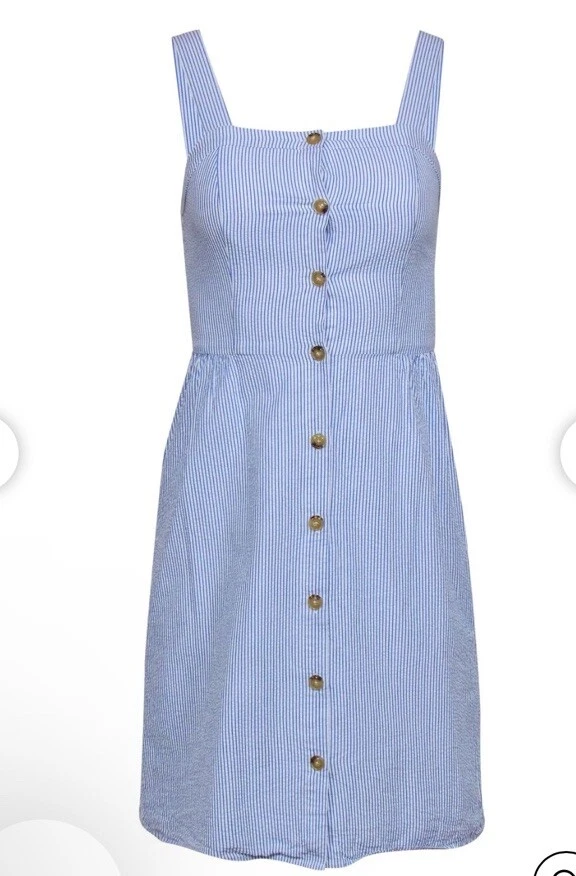 J. Crew Factory Button Front Dress in Seersucker Stripe White Blue 8