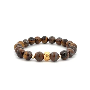 18K Gold Money Bag Lucky Charm Beads Bracelet Gemstones Tiger's Eye 8mm - Picture 1 of 7