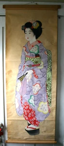 VINTAGE HAND PAINTED PAPER SCROLL OF A GEISHA 60" LONG - Picture 1 of 1