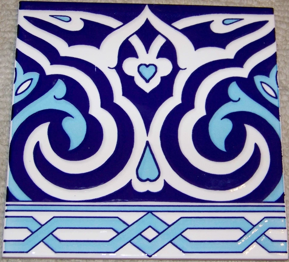 Set of 10 Floral Geometric Raised Blue 8"x8" Turkish Iznik Ceramic Tile BORDER  - Image 1 of 1