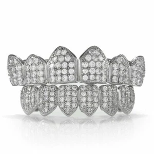 18K Weiß Vergoldet Maßgeschneidert GRILLZ Silber CZ Cluster Ober- und Unterzähne Set - Bild 1 von 5