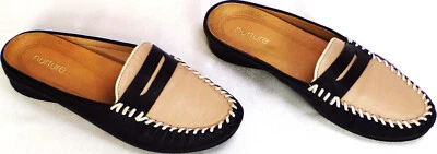 NURTURE Talla 6.5M Negro/Beige Tacón Plano Imitación Centavo-Mocasín Mulas Cuero Parte Superior Foto 1 de 4
