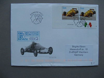 ESTONIA, R-cover FDC to Germany 2001, pair racingcar Estonia 26/9 - Image 1 of 2
