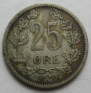 Moneda Noruega 25 ORE 1902 60% Plata (#96b) - Imagen 1 de 2