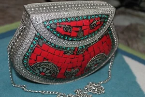 Bolso sin asas de metal para boda cartera nupcial piedra roja plata fiesta tradicional  - Imagen 1 de 7