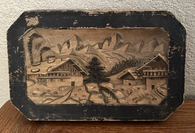Vintage 60s German Chalet 3D Art Picture Wood Carved Garantiert Handarbeit MCM - Image 1 of 4