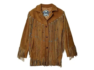 Men Native American Western Cowboy Leather Jacket Suede Coat Fringe Beads - Picture 1 of 5