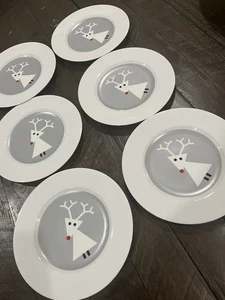 Crate & Barrel Holiday Reindeer Snow Deer Plates 8.25" Christmas Set Of 6 Modern - Picture 1 of 5