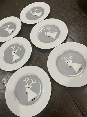 Crate & Barrel Holiday Reindeer Snow Deer Plates 8.25" Christmas Set Of 6 Modern - Image 1 of 4