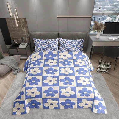 Conjunto de edredom xadrez flores fofas tamanho duplo, azul e creme floral xadrez duve... - Imagem 1 de 4