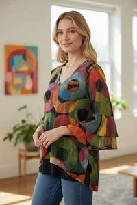 Calessa Damen Größe M schwarz bedruckt 3/4 Schlagärmel V-Ausschnitt Bluse Oberteil Karriere  - Bild 1 von 8