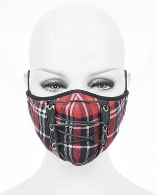Devil Fashion Goth Punk Face Mask Cover Mouthguard Red Black Tartan Plaid Lacing - Image 1 of 4