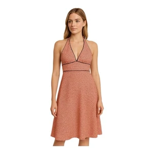 J Crew Halter Sundress Red & White Print Blue Trim V-Neck Summer Size 8 NWT - Picture 1 of 19