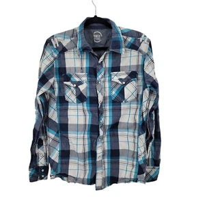VTG BKE Unisex Medium Plaid Western Shirt M Blue Pearl Snap Cotton Cowboy - Picture 1 of 9