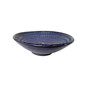 UNIQUE Hand Thrown Pottery Clay Bowl Rib Pinch Texture Indigo Signed M 6.75x2.5" - Picture 1 of 12