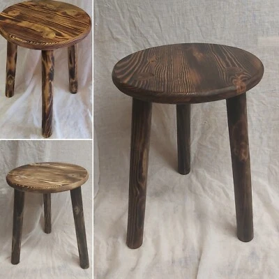 large Wooden Stool Round natural oak + burnt effect Wooden Decorative - Image 1 of 4