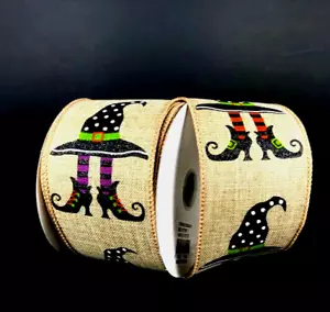 Halloween Witch 2.5" by 5 yards Wired Ribbon Witch Hats Striped Legs Glitter - Picture 1 of 3