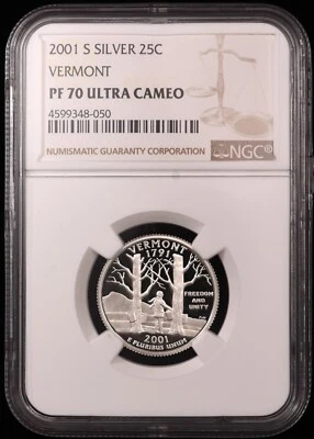2001-S Vermont Silver Statehood Quarter NGC PF 70 ULTRA CAMEO - Image 1 of 2