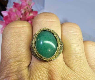 Antigua filigrana mariposa esmaltada china de plata con anillo de jade 8,5 ajustable-LEER Foto 1 de 4