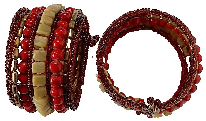 Cuff Bracelet, Wire Frame, Flexes Open, Stone & Glass Beads, Fits Wrists 6.5-8" - Image 1 of 1