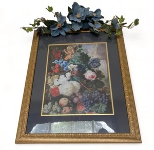 Vintage Home Interiors Blue Floral Fruit Print in Gold Ornate Frame 80s Homco - Picture 1 of 8