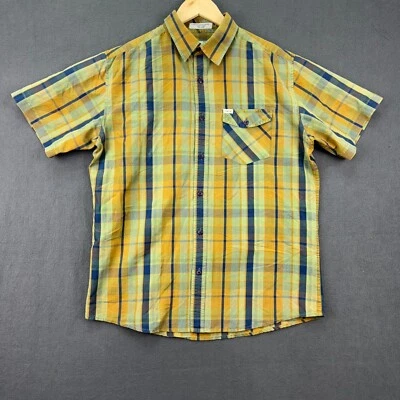 Matix Shirt Mens Large Brown Yellow Blue Plaid Slim Fit Short Sleeve RN99094 - Image 1 of 4