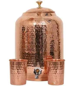 100% Pure Copper Dispenser Handmade Water Pitcher Pot 4L With 2 Serving Glass - Picture 1 of 6