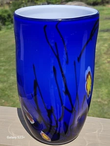 Large Opaline Blue Murano Vase with Floral Motifs Hand Blown Studio Art  - Picture 1 of 8