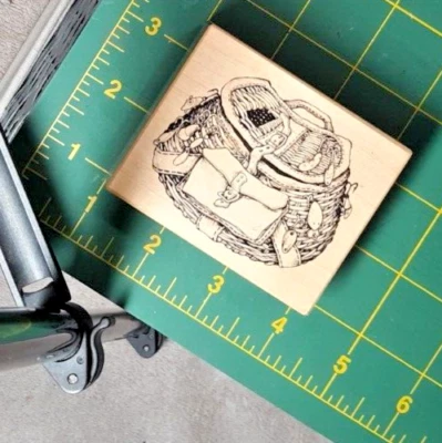 Fishing Basket Wicker Tackle Box Hooks Lures PSX Rubber Stamp Wood Mount G-1654 - Image 1 of 2