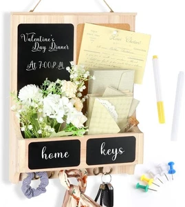 Mail Organizer Wall Mount with 3 Double Key Hooks, Wooden Wall Mount Mail Holder - Picture 1 of 7