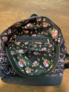 Betsey Johnson full Backpack Purple Print Logo gold hearts accents Out & In Pkt - Picture 1 of 14