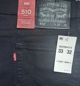 New With Tags Levis Jeans Mens 33x32 Dark Black 510 Skinny Fit Pants Lower Rise - Picture 1 of 3