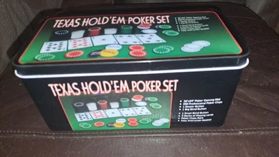 Texas Hold Em Poker Cards and Chips Set New In Tin No Box Sealed Decks - Image 1 of 4