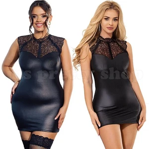 Damen Schwarz Kunstleder Minikleid Ärmellos Spitze Hochgeschlossen Rücken Reißverschluss Wetlook - Bild 1 von 33