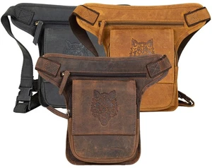 Motorrad Leder Beintasche Herren Biker Tasche Hüfttasche Wolf Prägung - Bild 1 von 13
