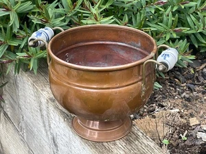 Antique Vintage Round Copper Planter Brass & Ceramic Handles Plant Pot - Picture 1 of 12
