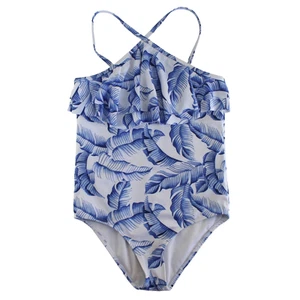 Janie and Jack One Piece Swimsuit Girls Size 12 Blue White Palm Ruffle Halter - Picture 1 of 5