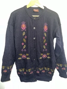 Vintage 1970s Navy Floral Cardigan L - Picture 1 of 6