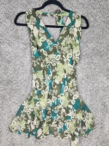 Lane Bryant Halter Top Sz 26 Green Teal Floral Chiffon V Neck Kerchief Hem Boho - Picture 1 of 21