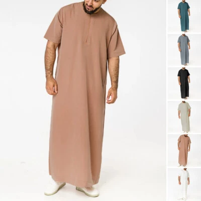 Hombres Ropa Musulmana Manga Corta Islámica Jubba Arabia Saudita Largo Kaftan Thobe Bata Foto 1 de 4