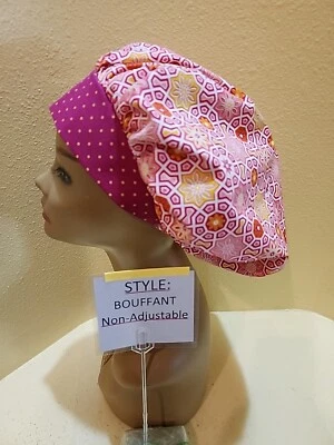 Medallion Tiles Pink Women's Bouffant Surgical Scrub Hat/Cap Handmade - Image 1 of 4