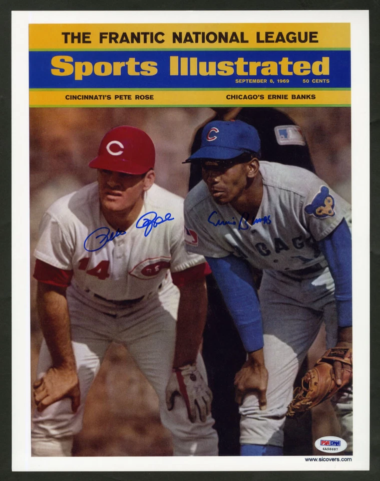 Pete Rose Ernie Banks SIGNED 11x14 SI Cover Photo Reds Cubs PSA AUTOGRAPHED HOF - Image 1 of 1