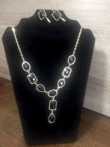 Black Faceted Stones ‘Y’ Necklace & Pierced Earrings Set - Picture 1 of 4