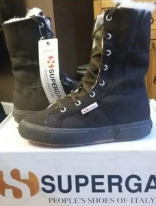 Superga 2040 Full Dark Kaffee Mädchen mittlere Wade Kunstfell Canvas Stiefel Größe 12,5 Neu - Bild 1 von 9
