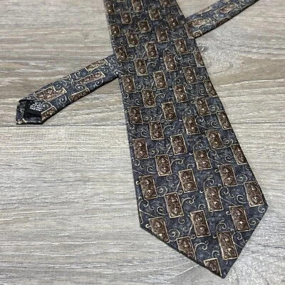 Corbata Stafford Hecha a Mano Lujo 100% Seda Gris Marrón Ornamental Barroco Foto 1 de 4