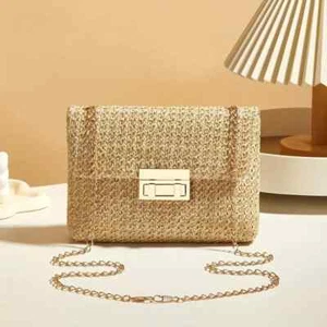 Handmade Woven Crossbody Shoulder Bag - Chain Strap & Lock Buckle Ladies’ Purse - Picture 1 of 4