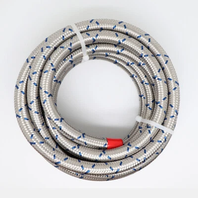 -6 AN AN6 Blue TracerBraided Stainless Steel Fuel Hose Oil Gas Line 5/6" 3 Ft - Image 1 of 4